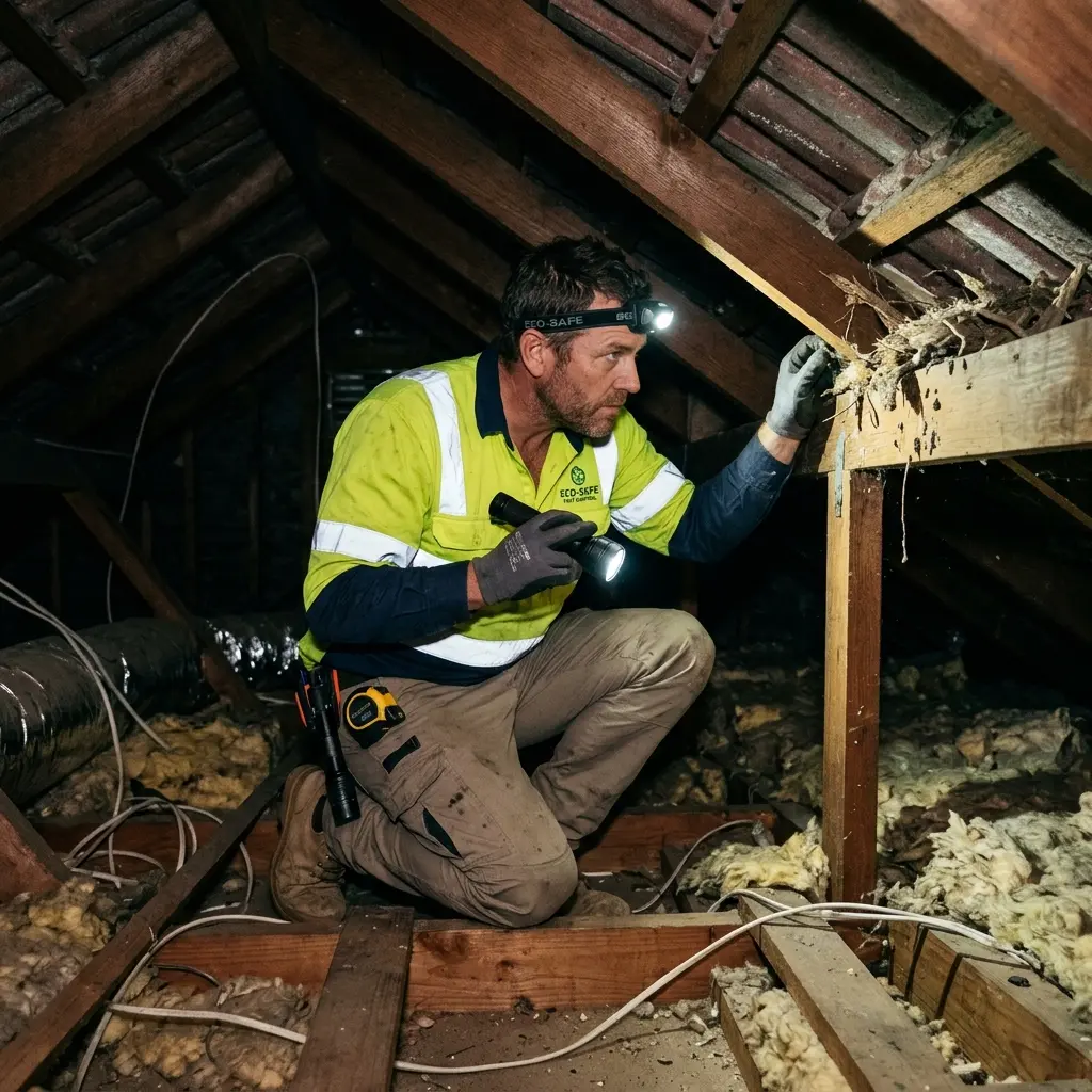 Technician inspecting a roof cavity for a dead animal in Waterways