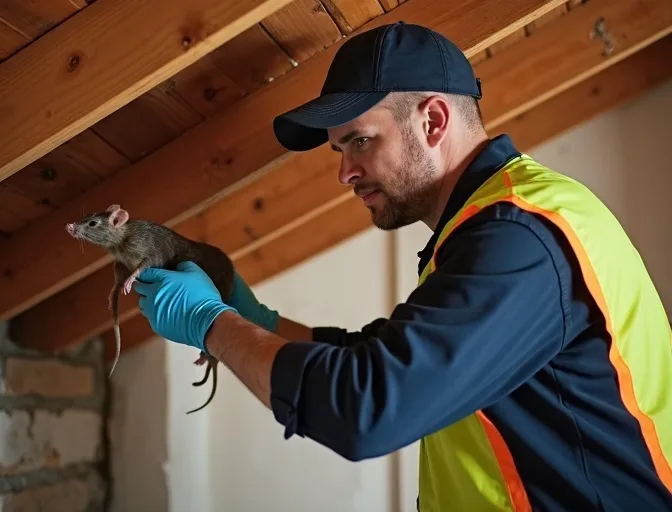Technician inspecting a roof cavity for a dead rat in Waterways